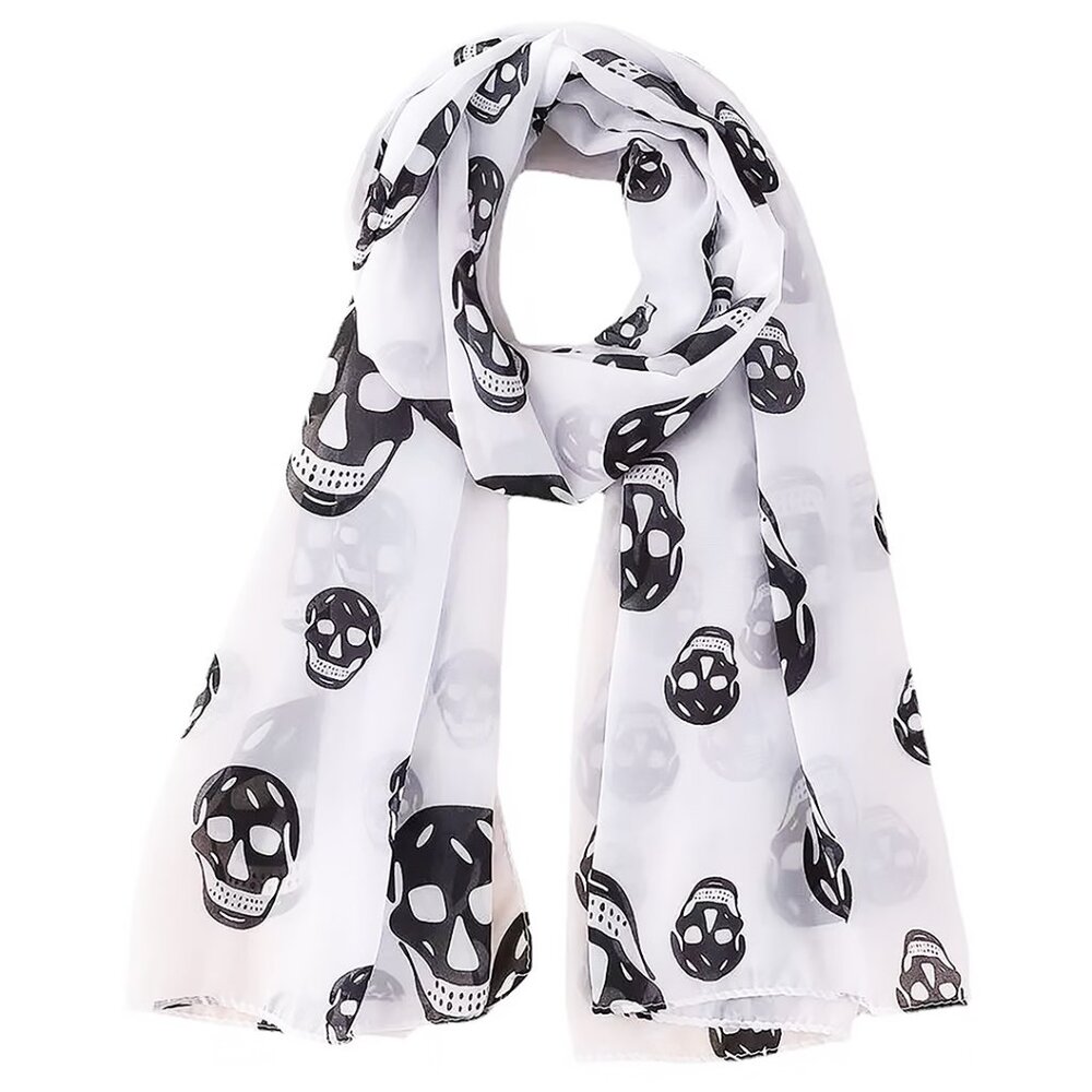 NEW Soft Silky Poly Chiffon Long Scarf w/Large B/W Skull Pattern, 18” W x 55"L
